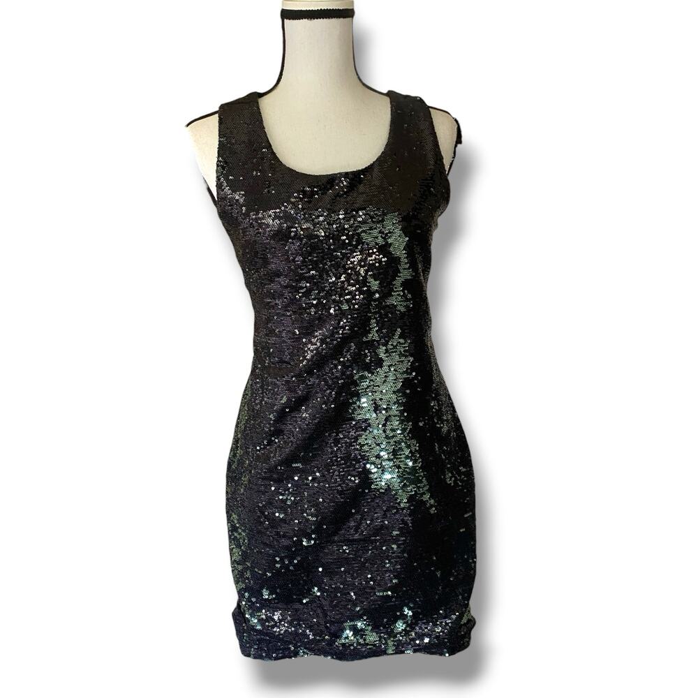 Y2k 90s Black Sequin Party Dress Sz M Bodycon Scoop Neck Sleeveless Going Out
